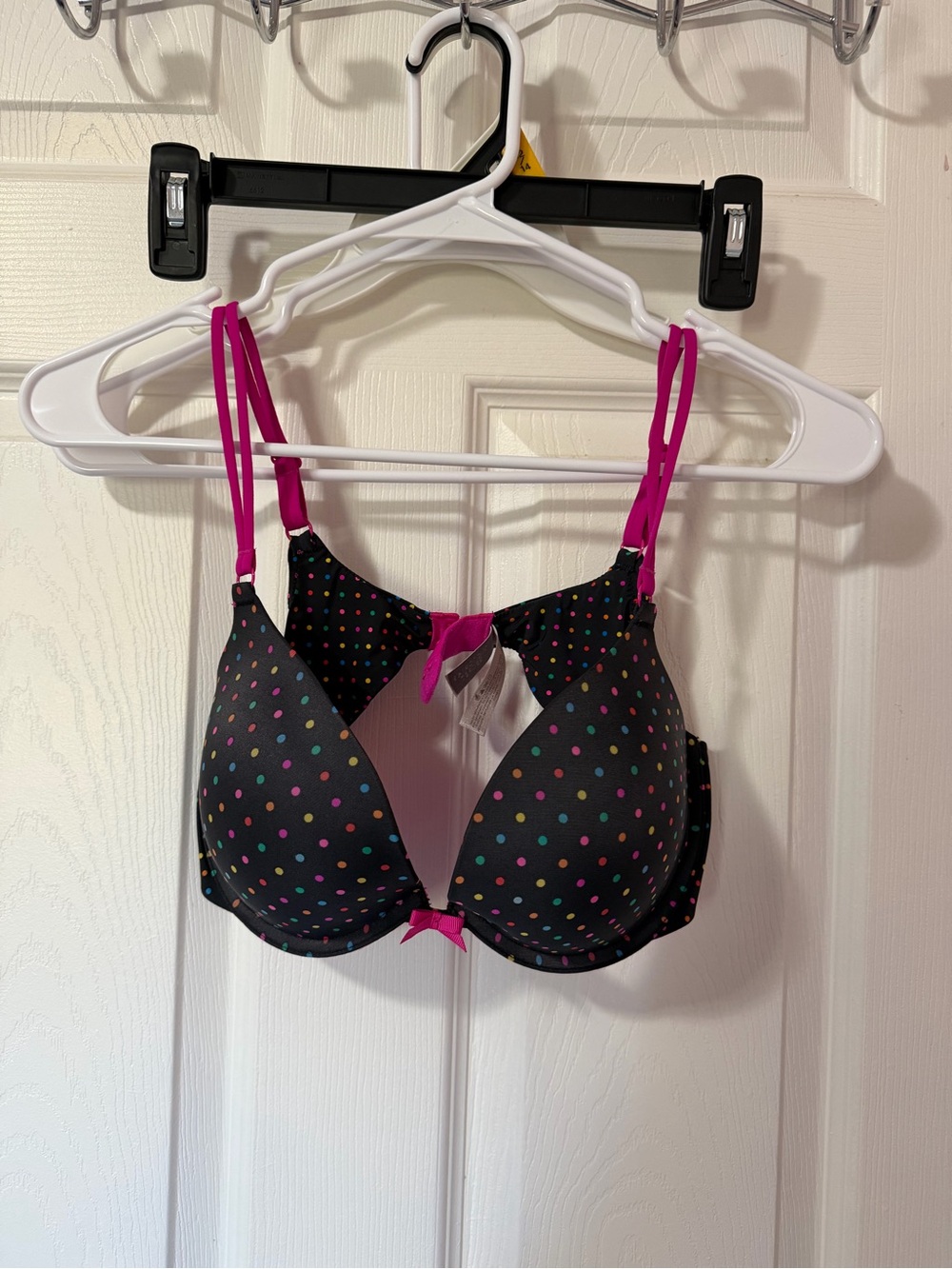 Y2K Victoria's Secret Black Bra with Multicolor Polka Dots and Pink Trim